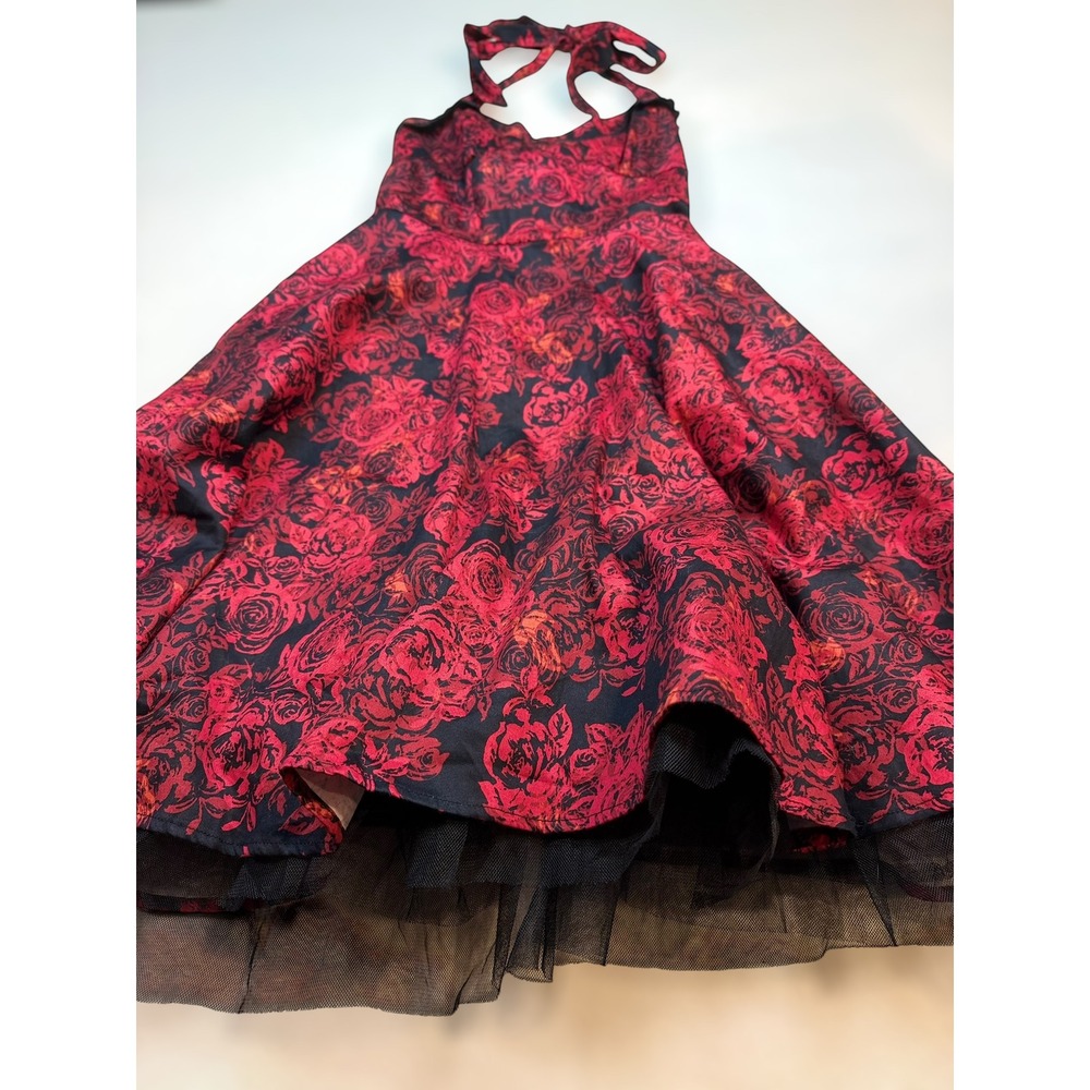 Hot Topic Red Rose Floral Halter Dress Black Tulle Rockabilly Goth‎ Small Pin Up - Picture 2 of 7